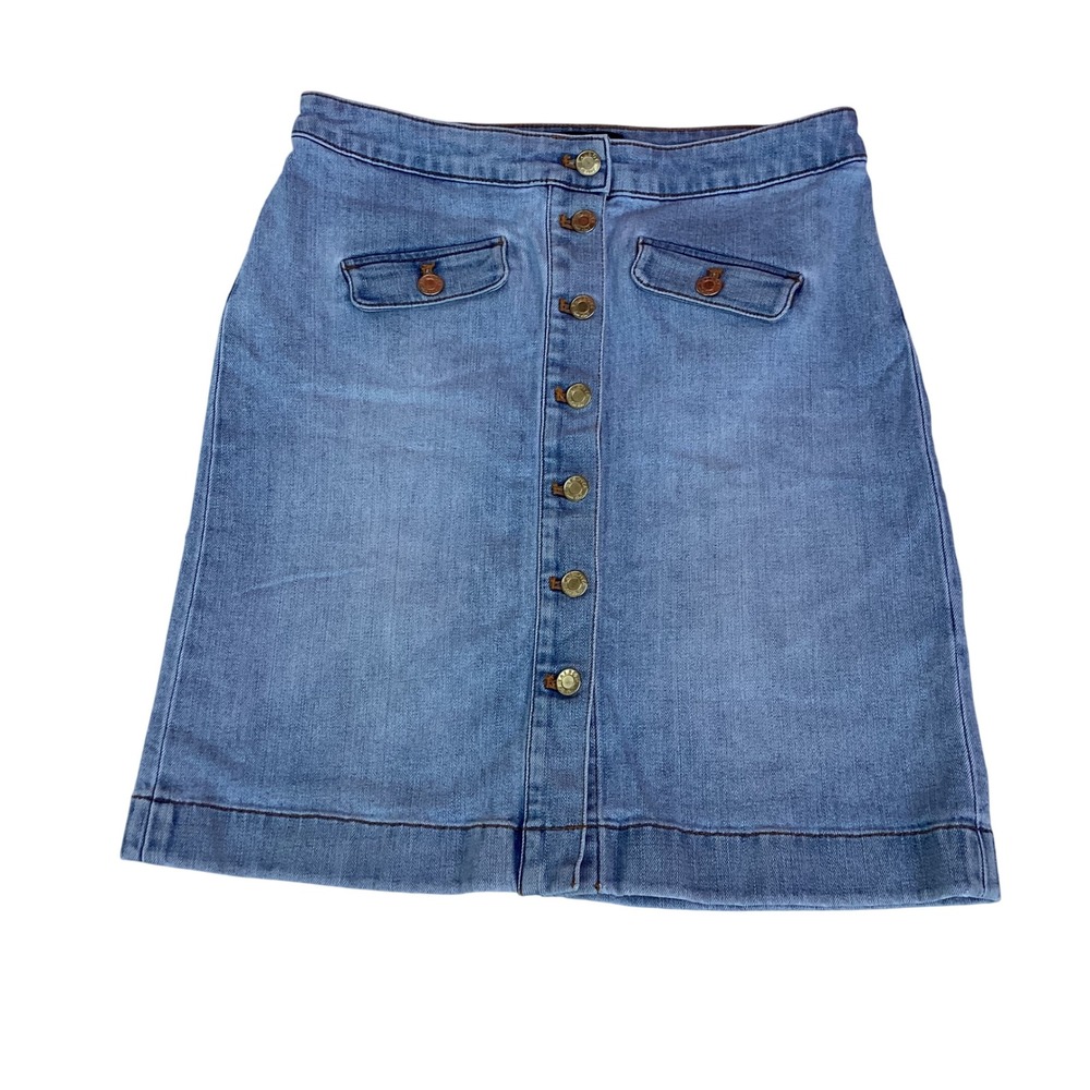 Talbots Denim Mini Skirt Blue Salt Wash Button Front ALine Size 4 Pocket Stretch